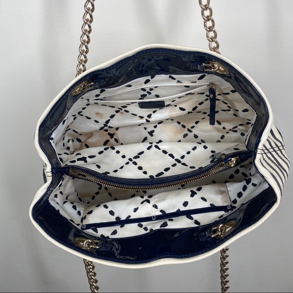 Kate Spade Montrose Elena White and Navy Stripe Patent Leather Chain Purse - Picture 6 of 13